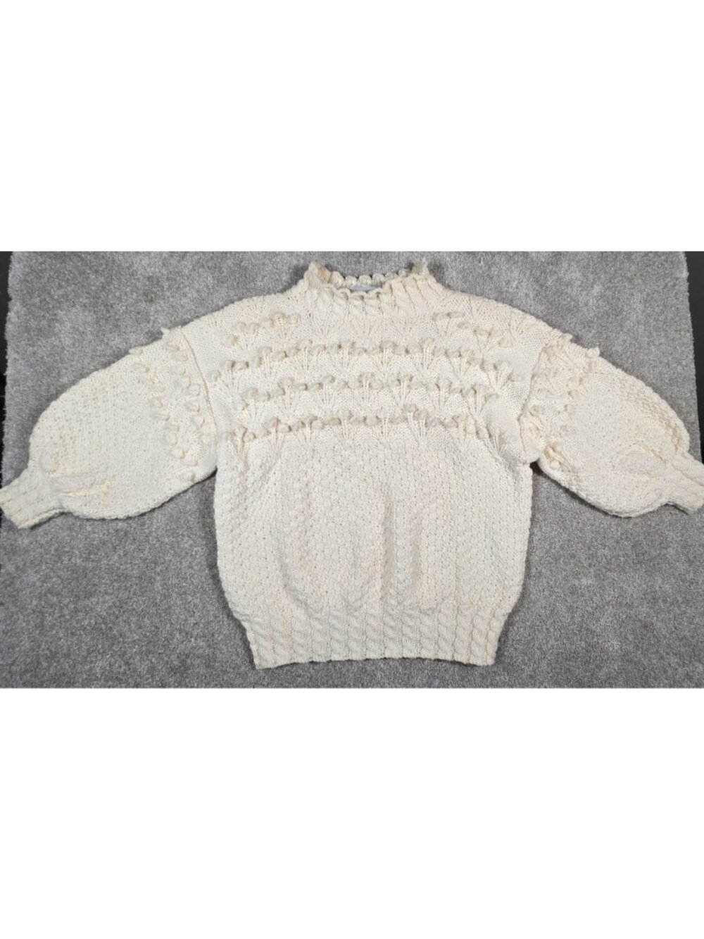 Sheleen Dublin Vintage Irish Wool Sweater Hand Knit Bobble Floral Puff Sleeve XL